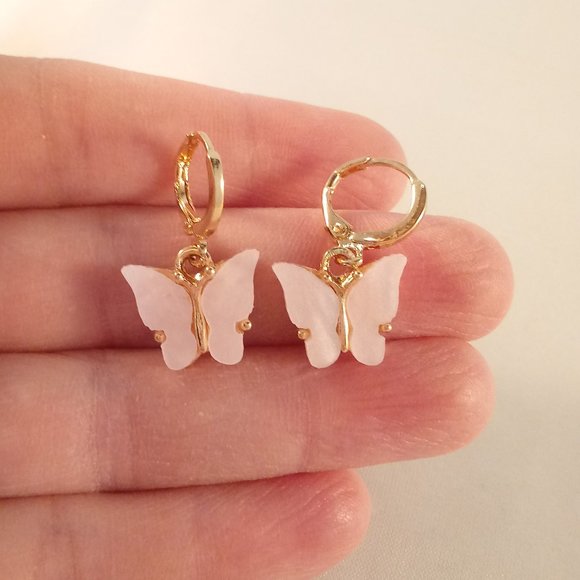 Gold Plated Pink Opal Resin Butterfly Earrings Pendant Necklace Set 18" Gift - Picture 3 of 5